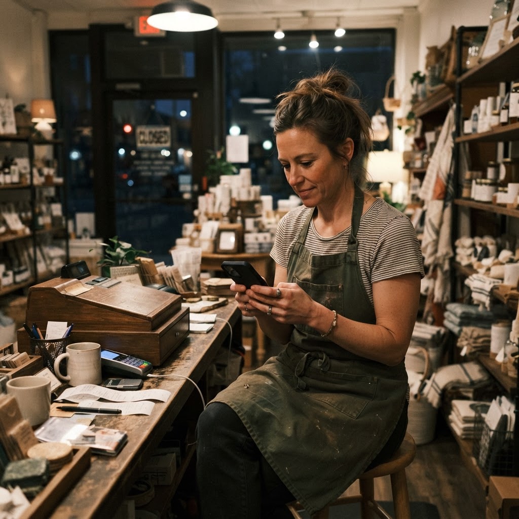 A business owner replying to customer reviews on a phone at a front counter after closing