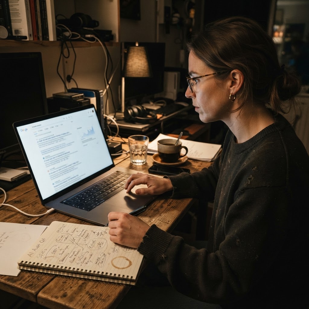 A marketer audits an AI result late at night in a small studio, with the screen content blurred.