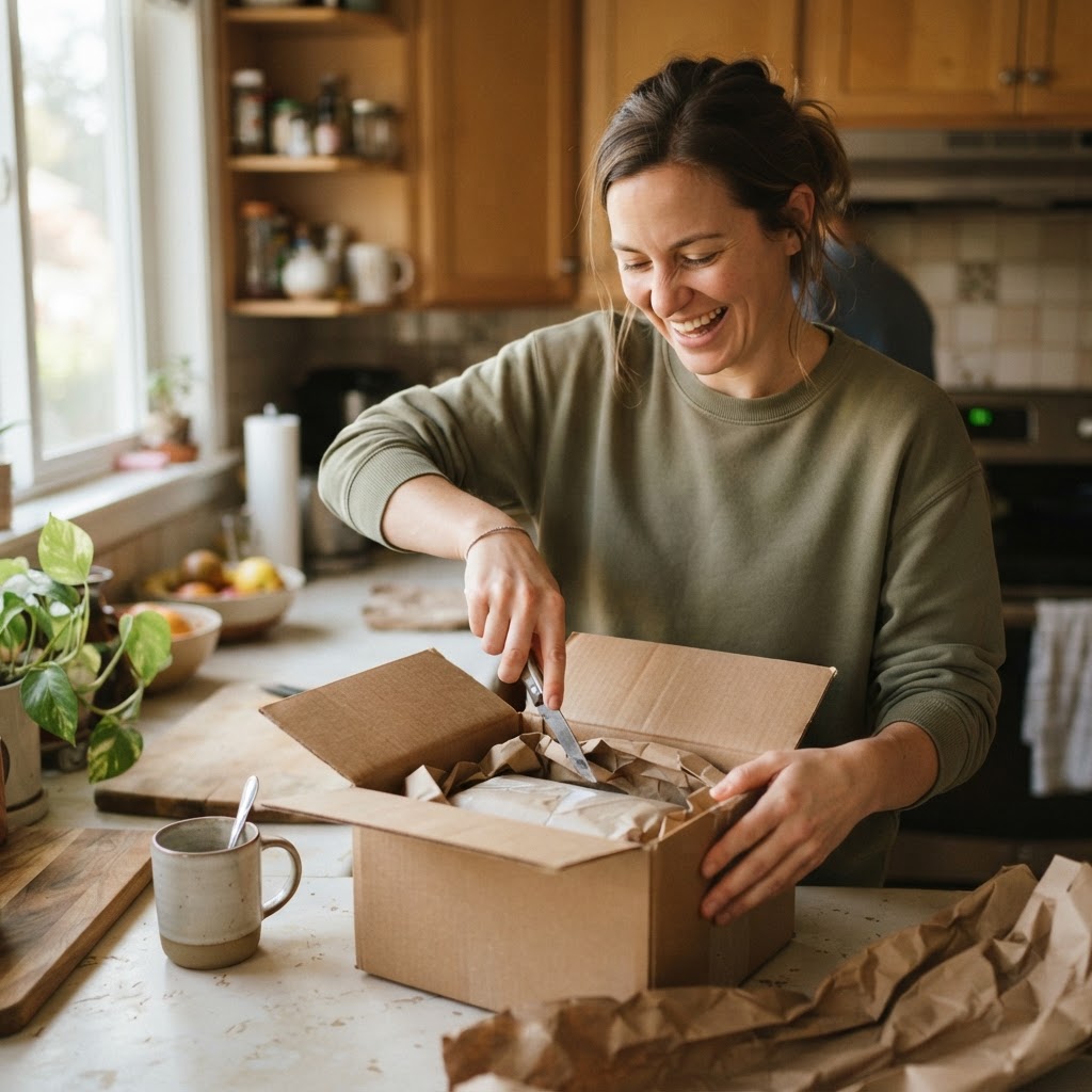 The unboxing is where the brand promise meets an actual Tuesday night. A candid phone photo of a person opening an ecommerce package on a kitchen counter.