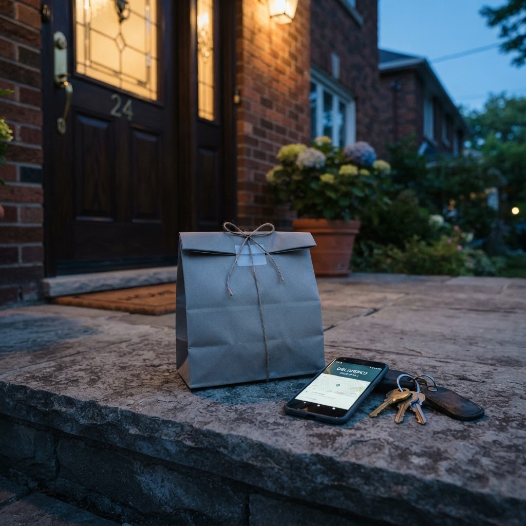 Sealed delivery bag, confirmation phone, and keys on a residential doorstep