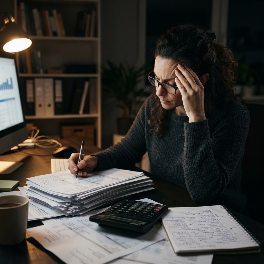 The real test arrives when the invoice meets the margin report. A finance lead reviews printed ad invoices and conversion notes beside a calculator in a tense late-night home office