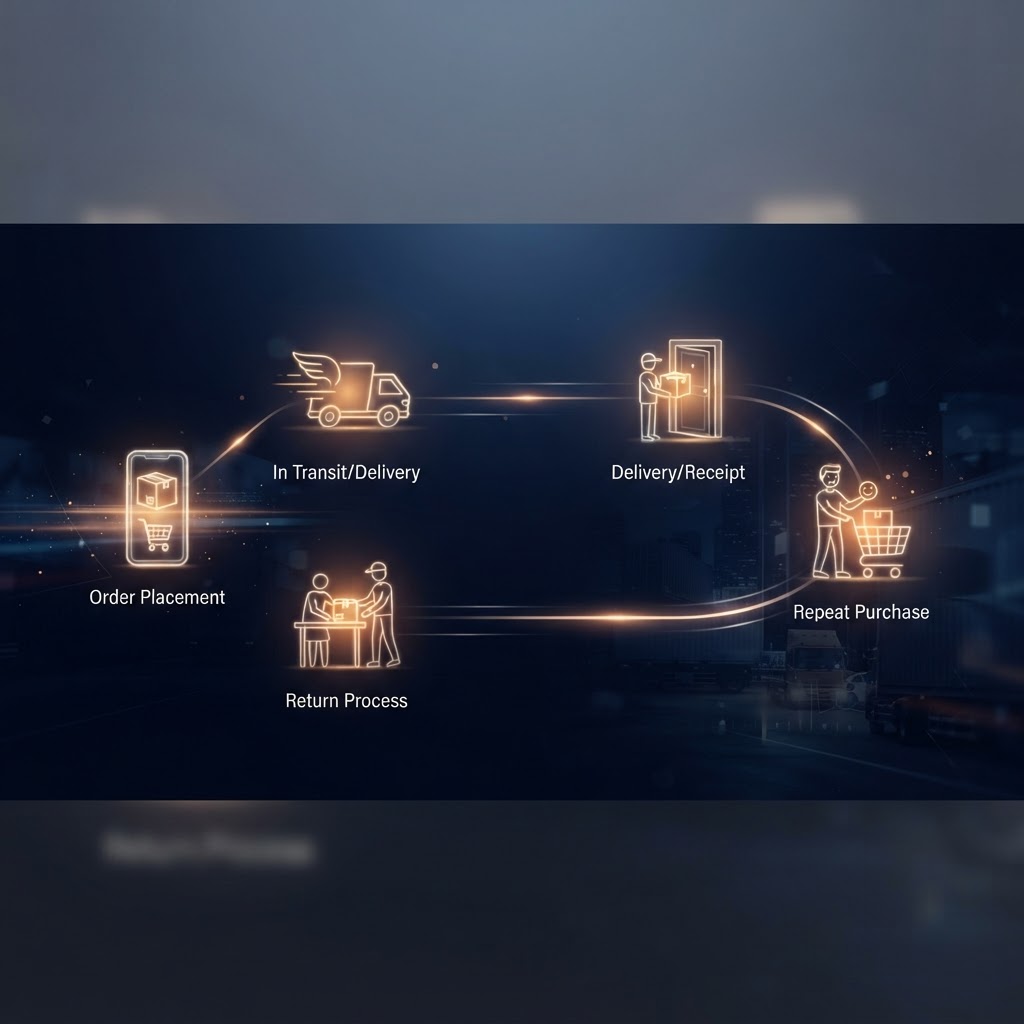 The loyalty loop is built after the click, through delivery, service, and recovery. A dark editorial visualization of the ecommerce journey from order to repeat purchase
