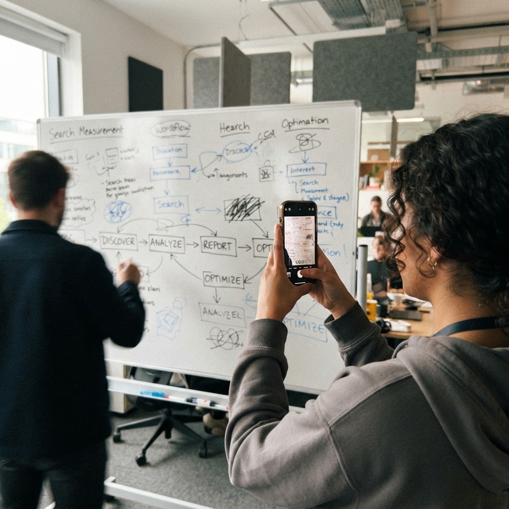 Agency operator photographing a whiteboard search measurement workflow