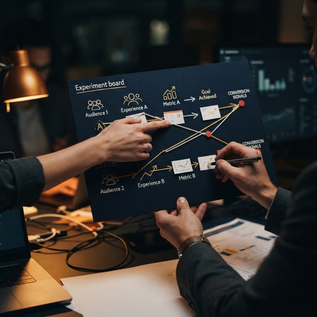 A marketer reviewing two customer experience paths and a clear experiment signal