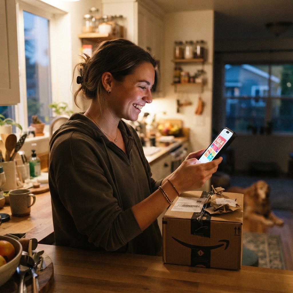 A candid phone photo of a shopper checking a sale notification beside an unopened delivery box