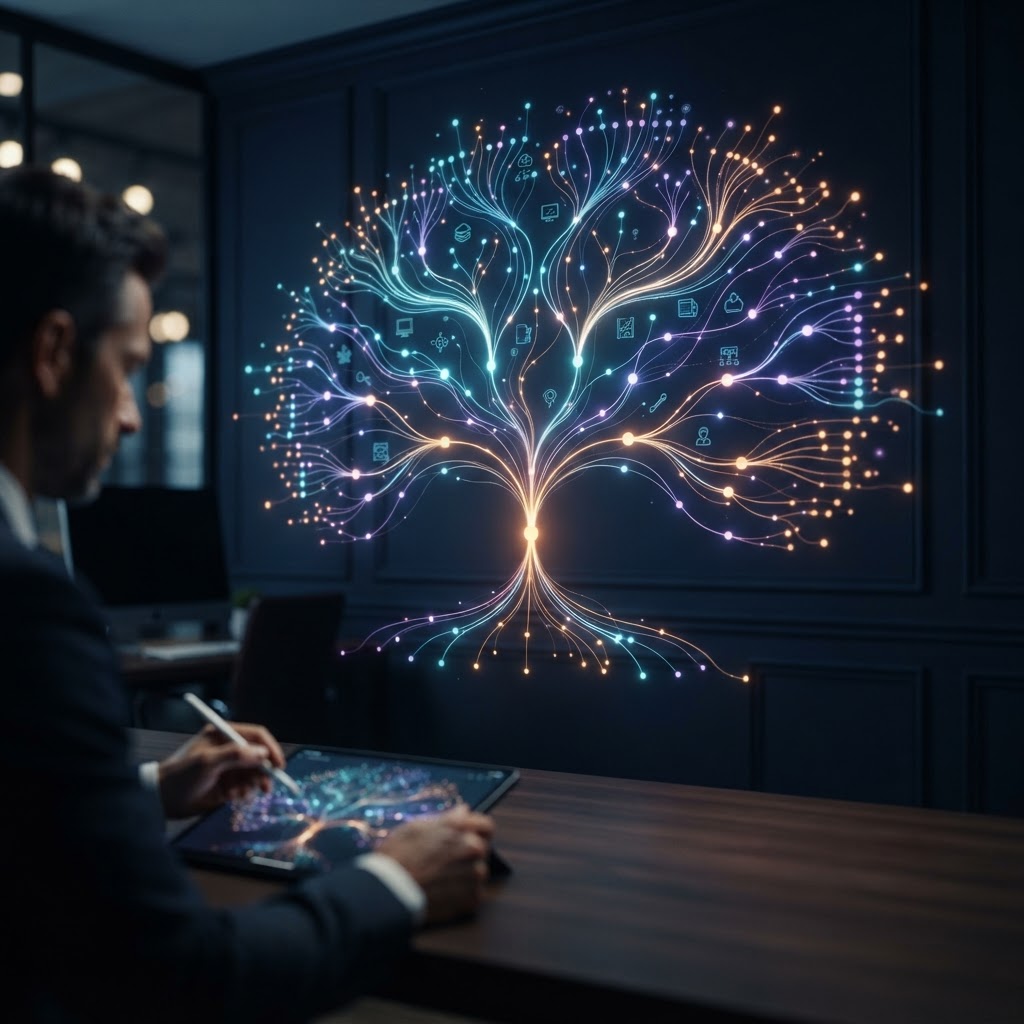 A glowing decision tree branches through a dark marketing data system