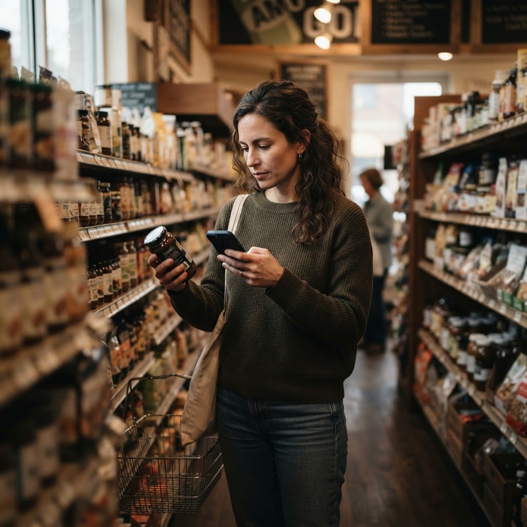 A shopper comparing products on a phone while standing in a neighborhood store aisle