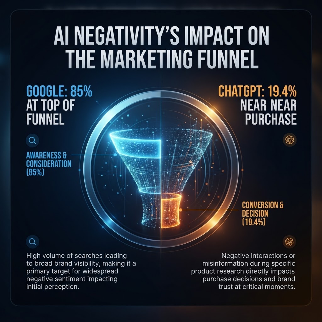 Google hits 85% of its brand negativity at the top of the funnel; ChatGPT hits 19.4% near the purchase point