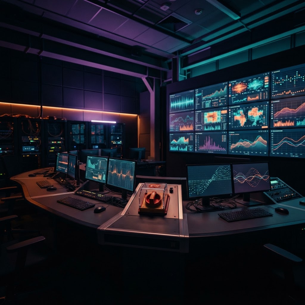 A calm AI marketing control room represented by signal dashboards and a single stop switch