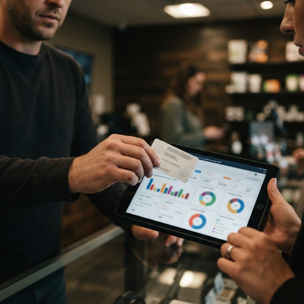 A dispensary worker holds a customer medical cannabis card over a loyalty rewards tablet showing purchase history data