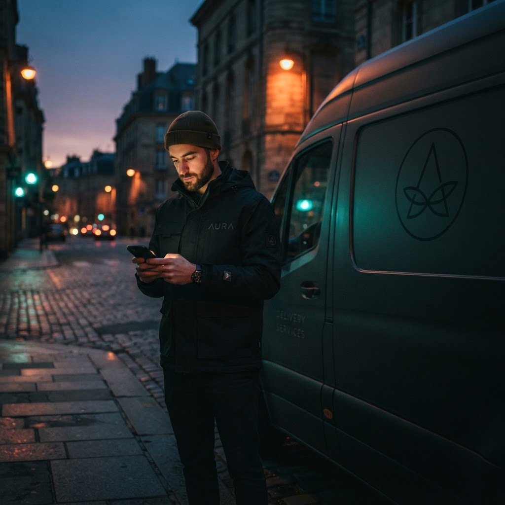Delivery driver checking a route app beside a vehicle at dusk