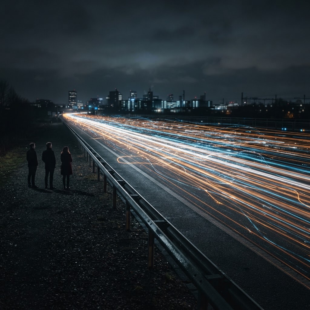 A traffic number without audience composition is barely a signal. A night highway of web request signals, with dense machine-like light trails overtaking a small group of human silhouettes