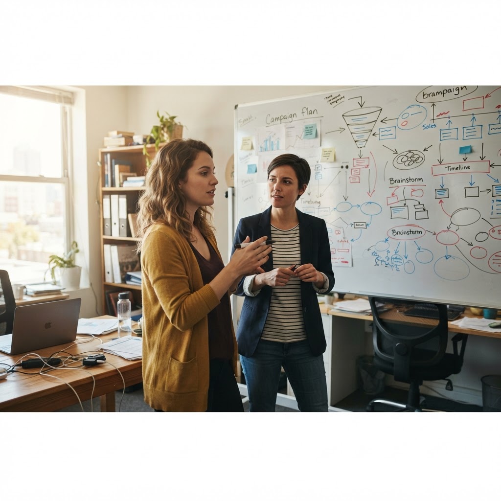 Candid phone-camera photo of two marketing operators reviewing a campaign plan and decision notes on a whiteboard
