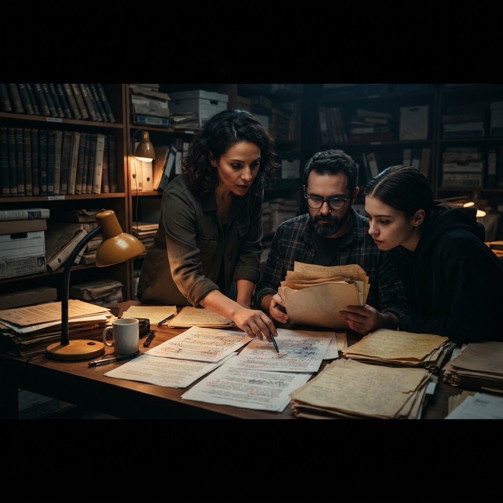 A small editorial team examining a marked-up article and source documents