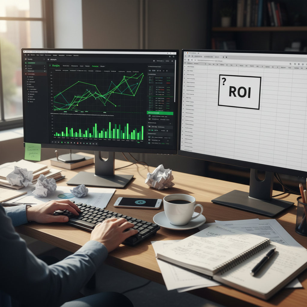 Marketing operations desk with dual monitors: left showing Google Analytics, right showing empty ROI spreadsheet