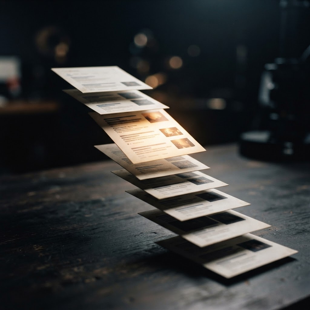Stacked content cards moving upward toward a warm highlighted signal