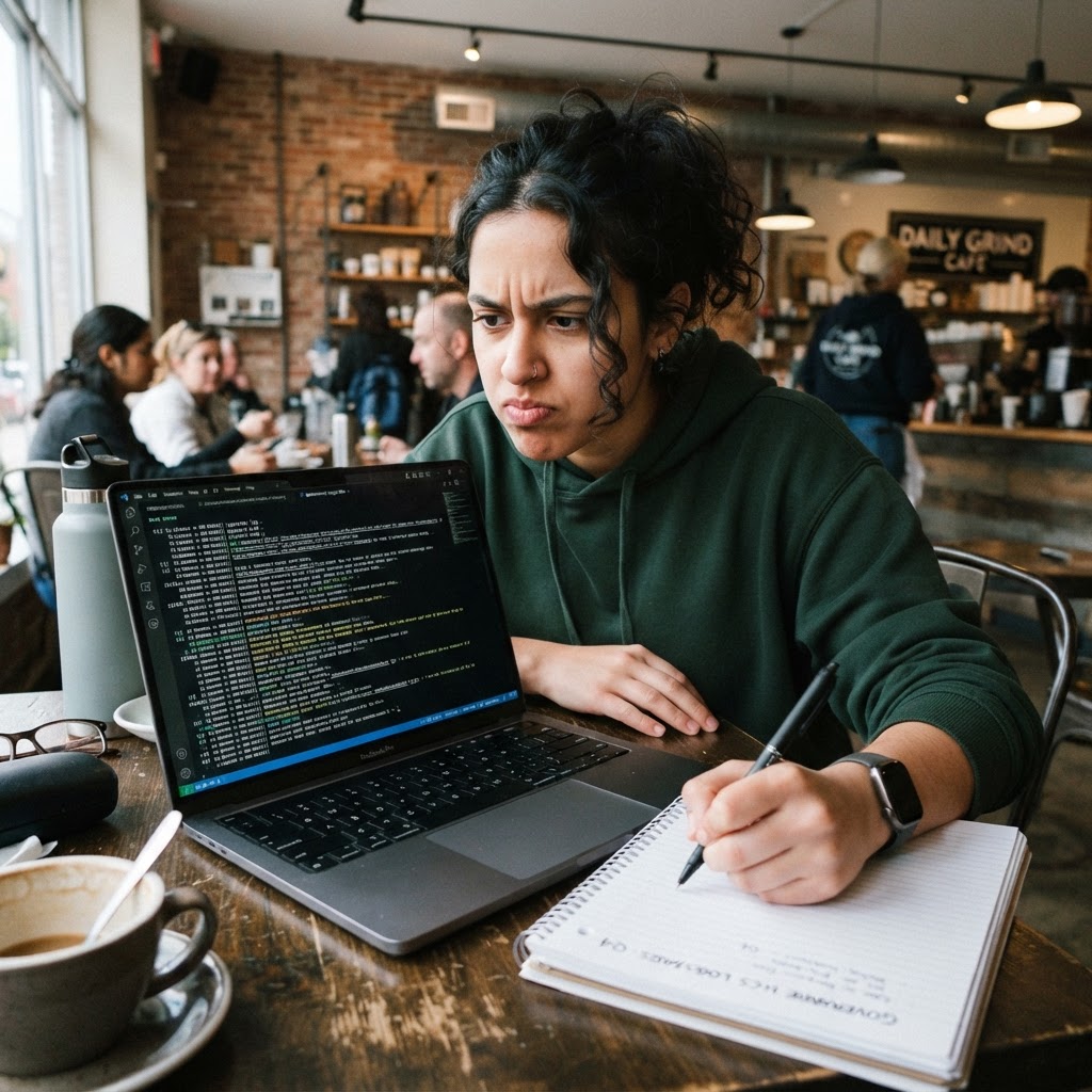 The constant surveillance required: human oversight is still the guardrail. Person at a laptop in a coffee shop reviewing code and system logs, looking stressed