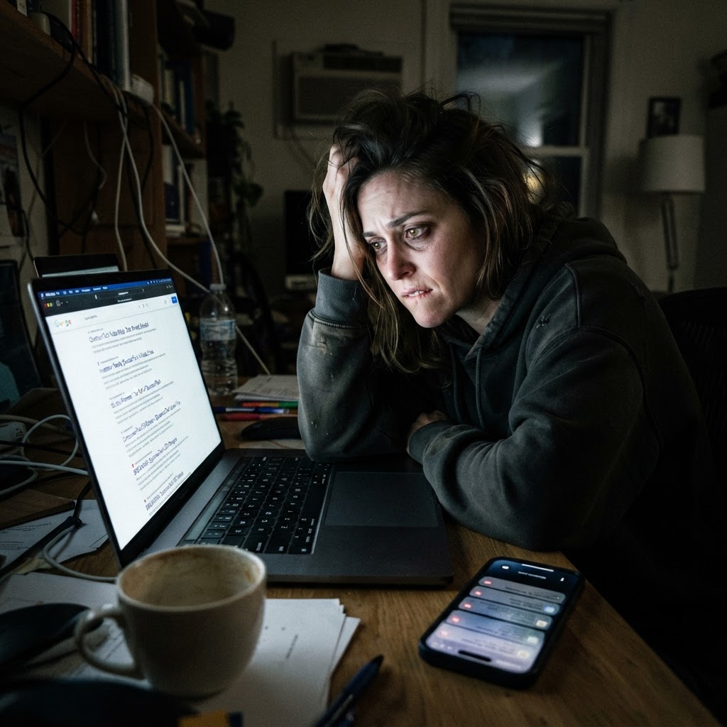 3 AM. Your brand just showed up in an AI answer as a scam. There is no number to call. Marketing manager alone in dimly lit home office at night, stressed, laptop screen showing alarming search results about their brand