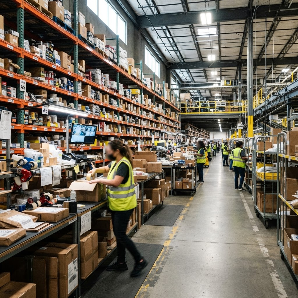 Warehouse fulfillment center with shelves and packing stations, showing operational reliability