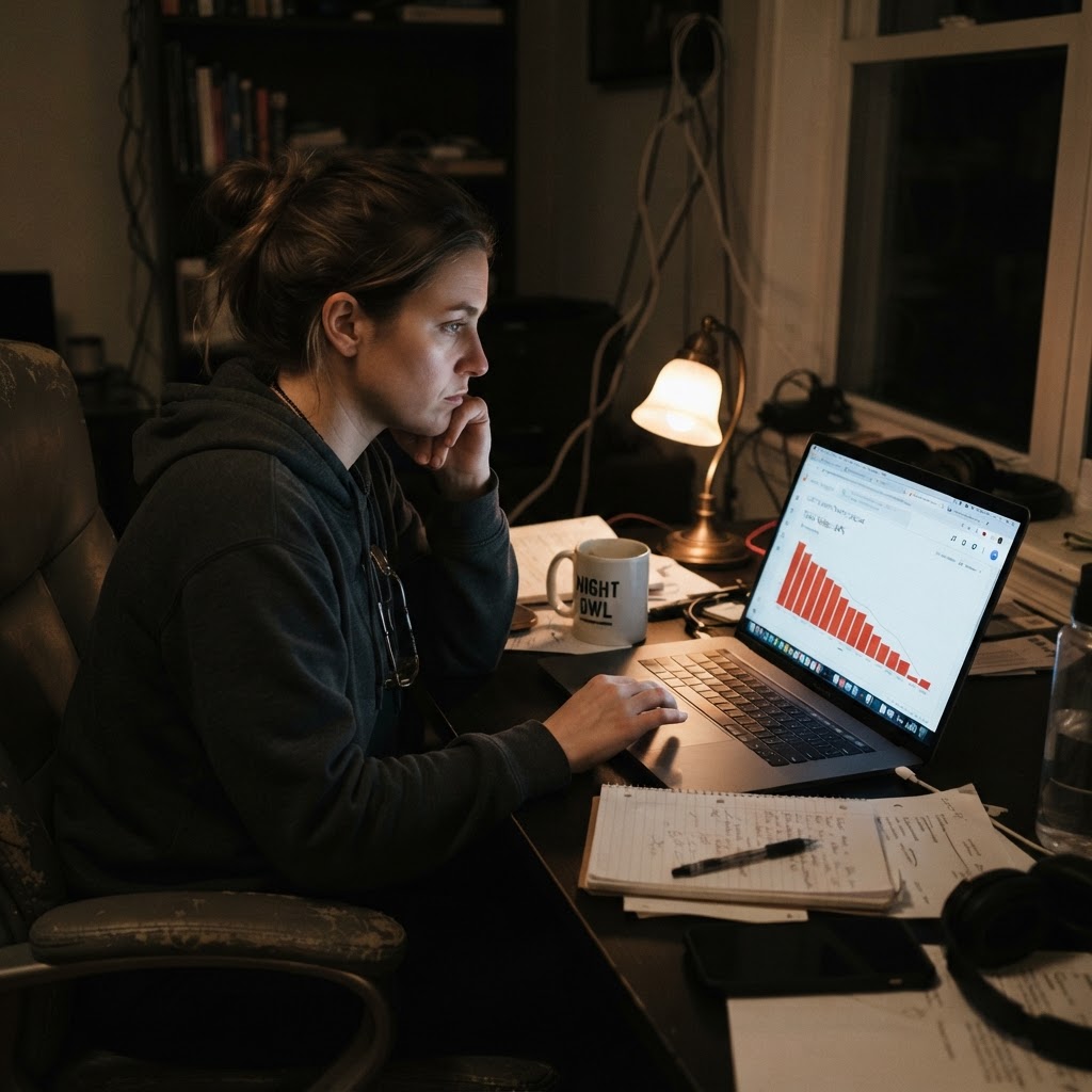 The moment you realize the traffic isn't coming back. Candid photo of a journalist working late, watching analytics decline on laptop