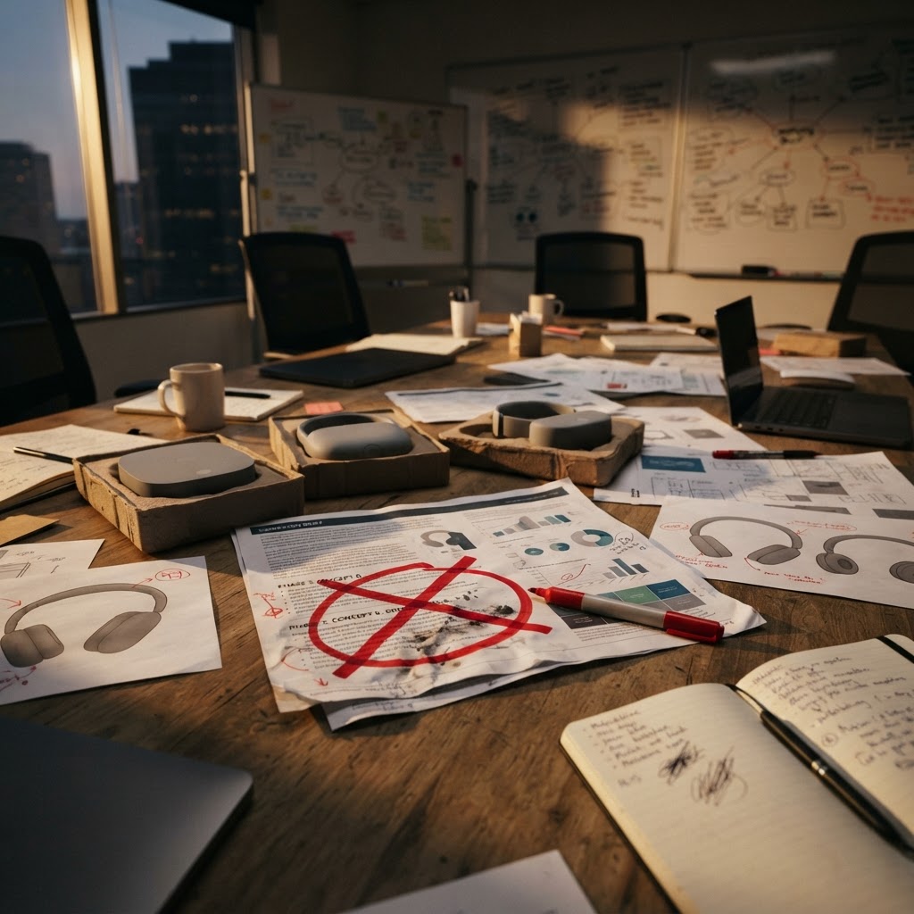The campaign gets safer when the rules are visible before launch. A printed campaign brief, product samples, and a red exclusion mark sit in a real marketing war room after hours