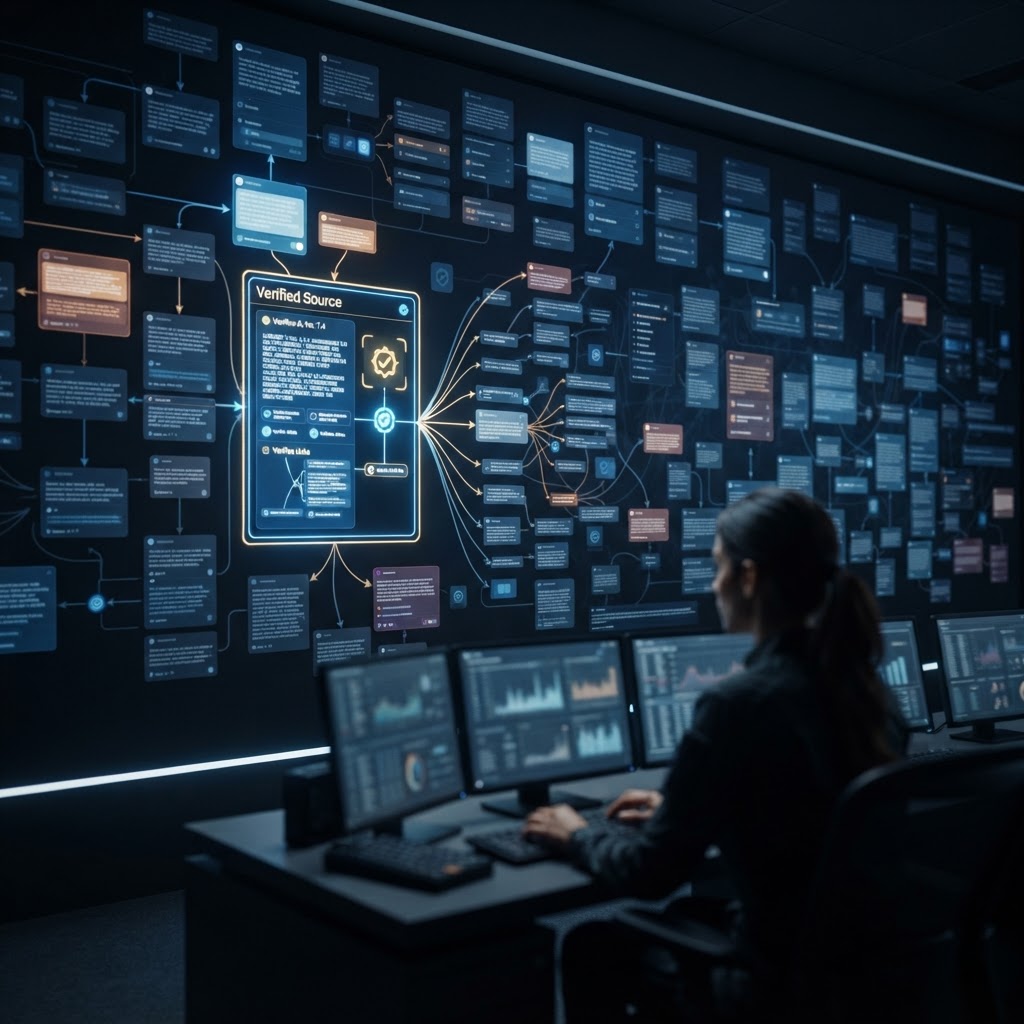 A control room wall of abstract AI search response cards and source links, with one verified source illuminated