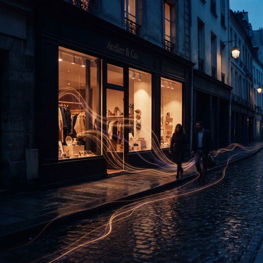 A retail storefront at dusk with customer intent shown as warm paths of light