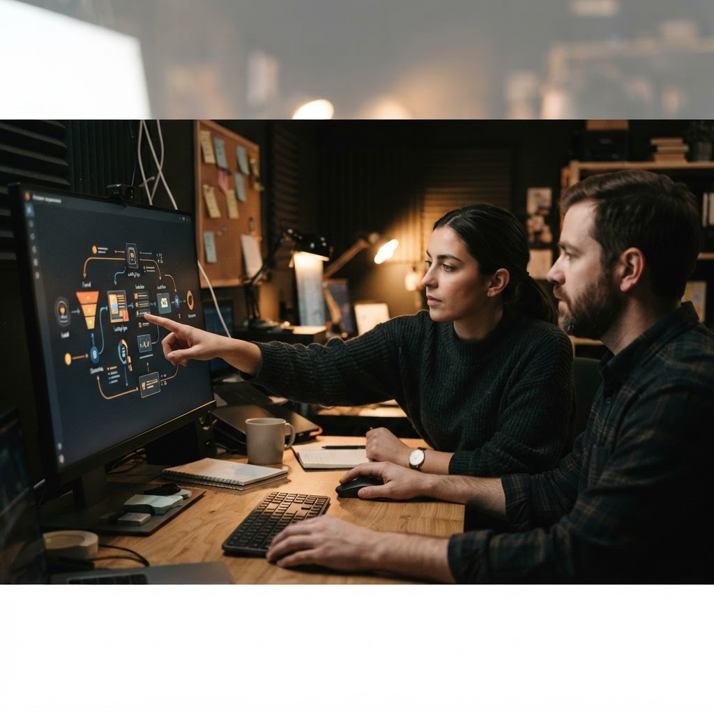 Person reviewing a clear conversion path diagram in a marketing operations workspace