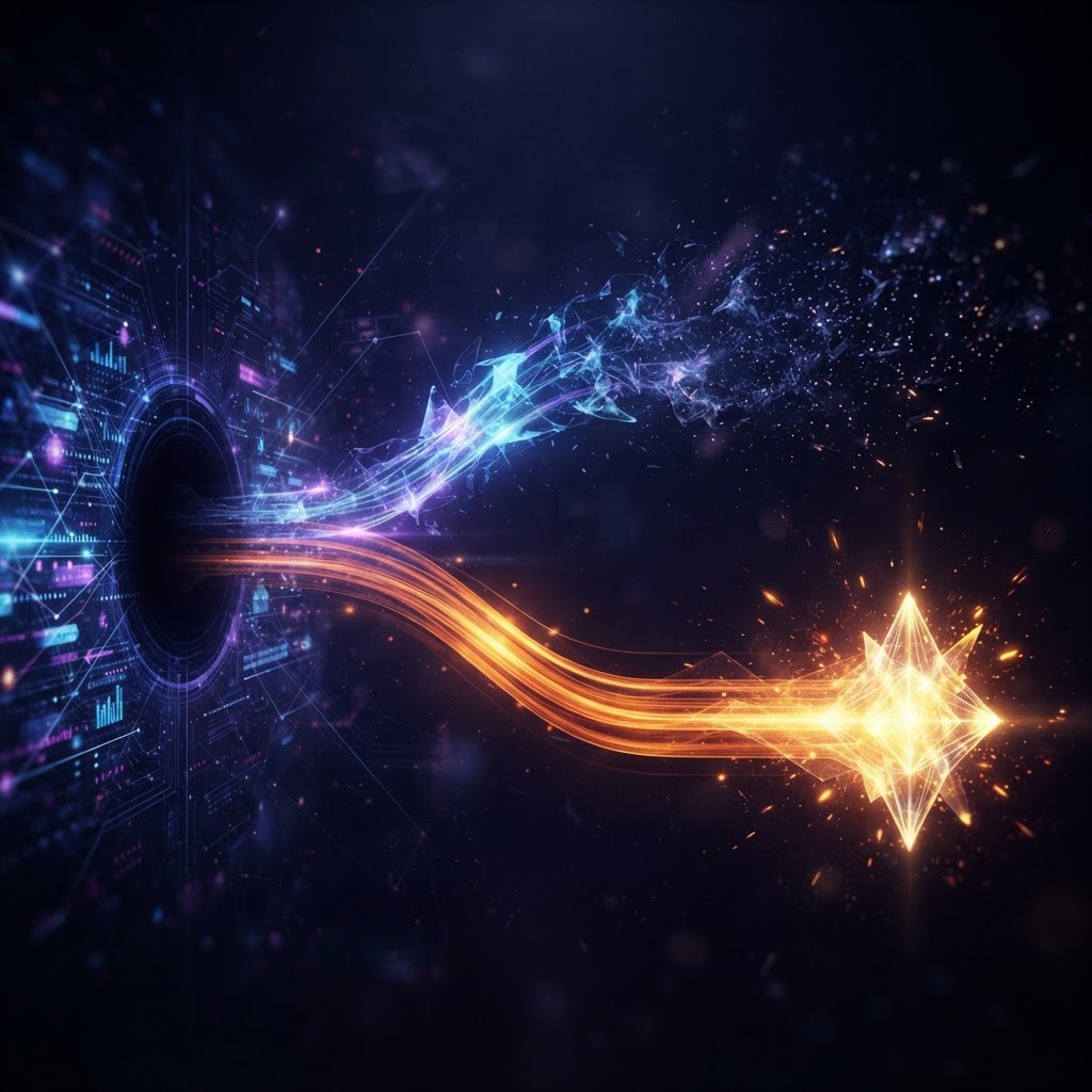 Dark editorial visualization of platform metrics separating into vanity signals and business outcomes