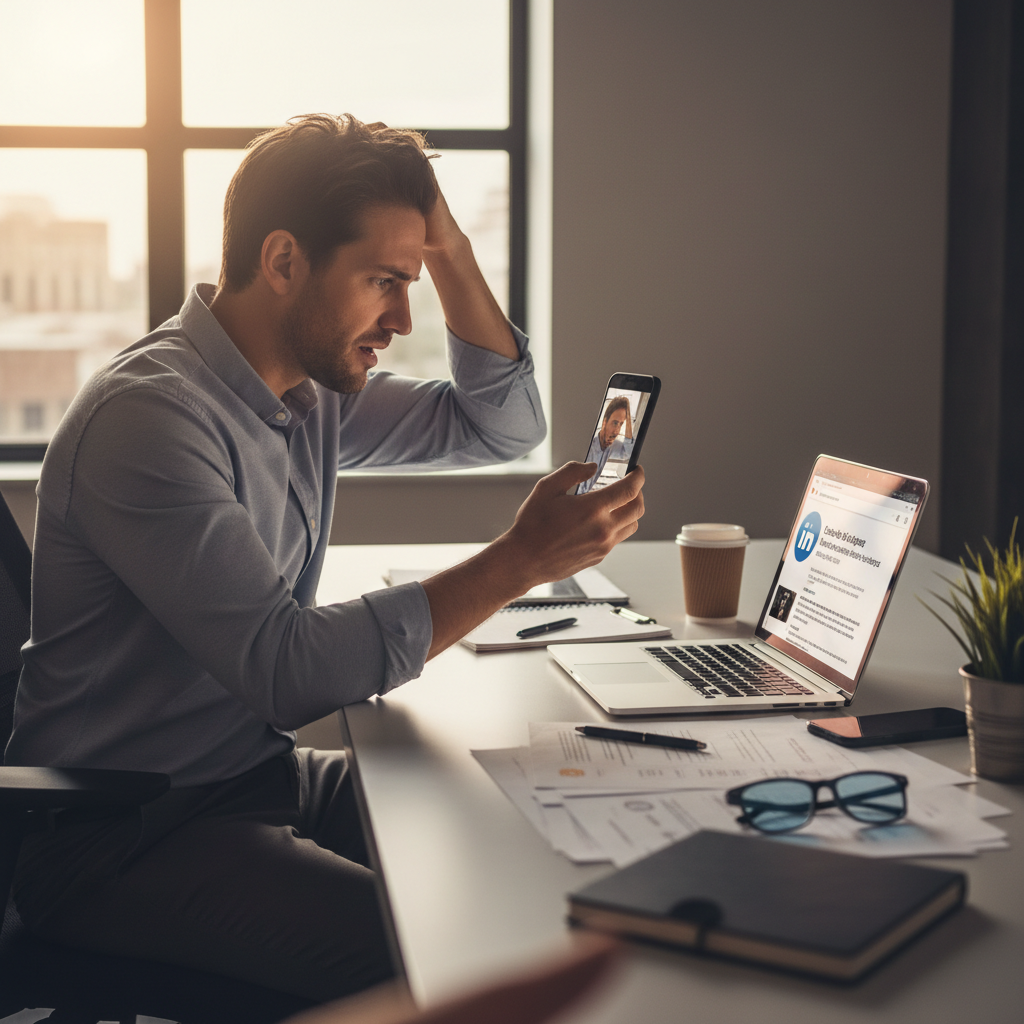 Marketing professional reviewing LinkedIn feed with concern