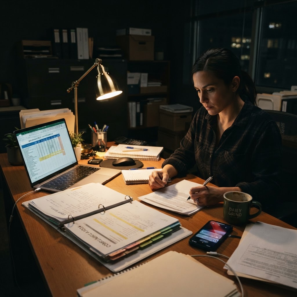 A dispensary manager's desk at night with an open compliance audit binder, a laptop showing a data retention policy, and a phone displaying a breach notification
