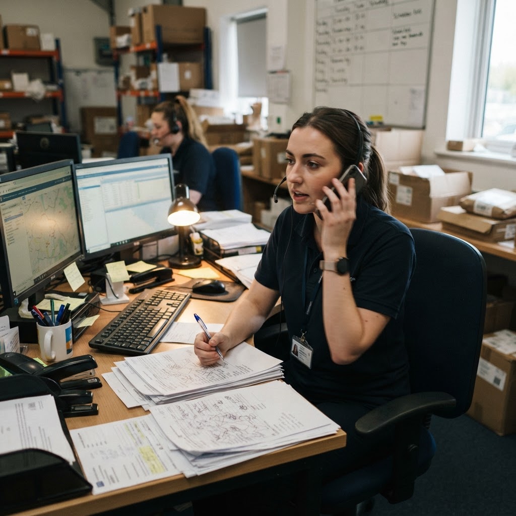 Operations coordinator calling a customer from a delivery desk