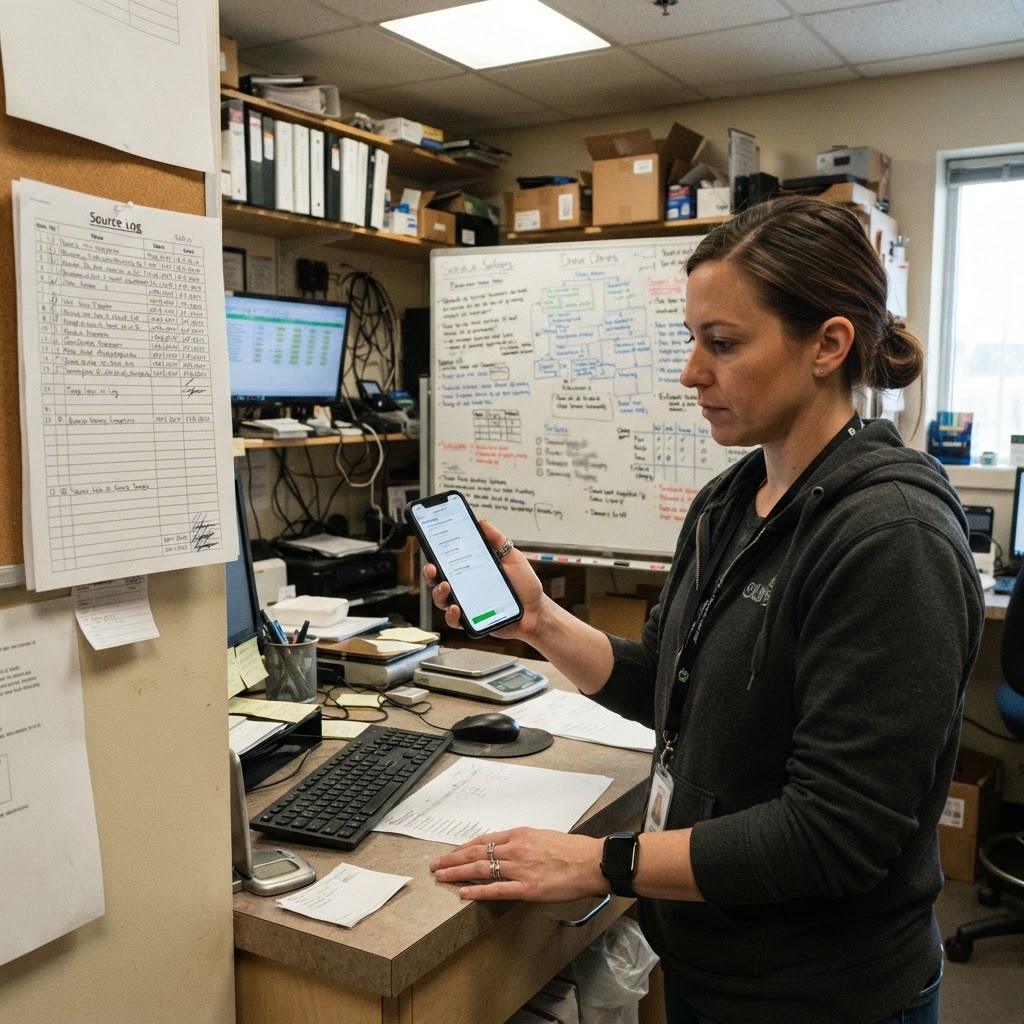 A dispensary operator checks a source log beside a phone and printed compliance notes in a back office.
