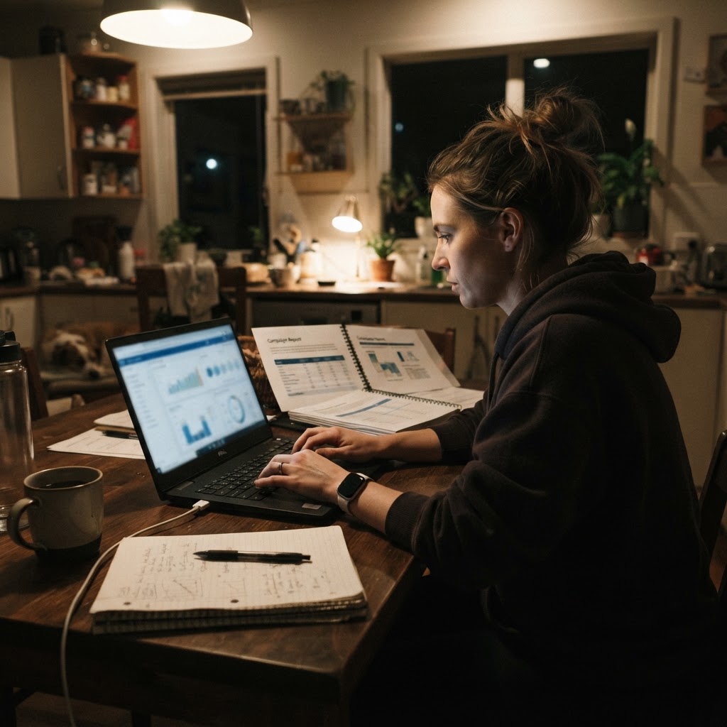 Candid phone-camera photo of a marketer reviewing campaign reports, notes, and a laptop at a kitchen table