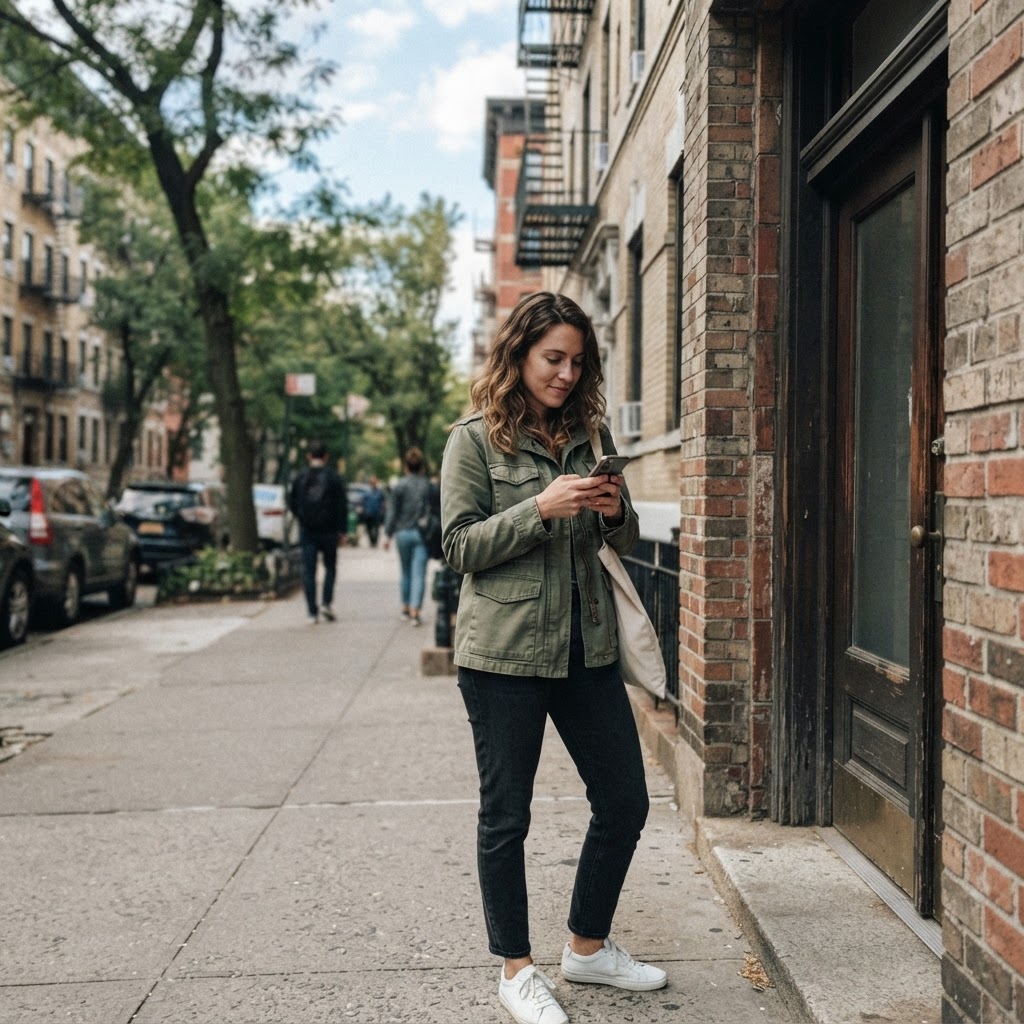 Customer checking a delivery notification near an apartment entrance