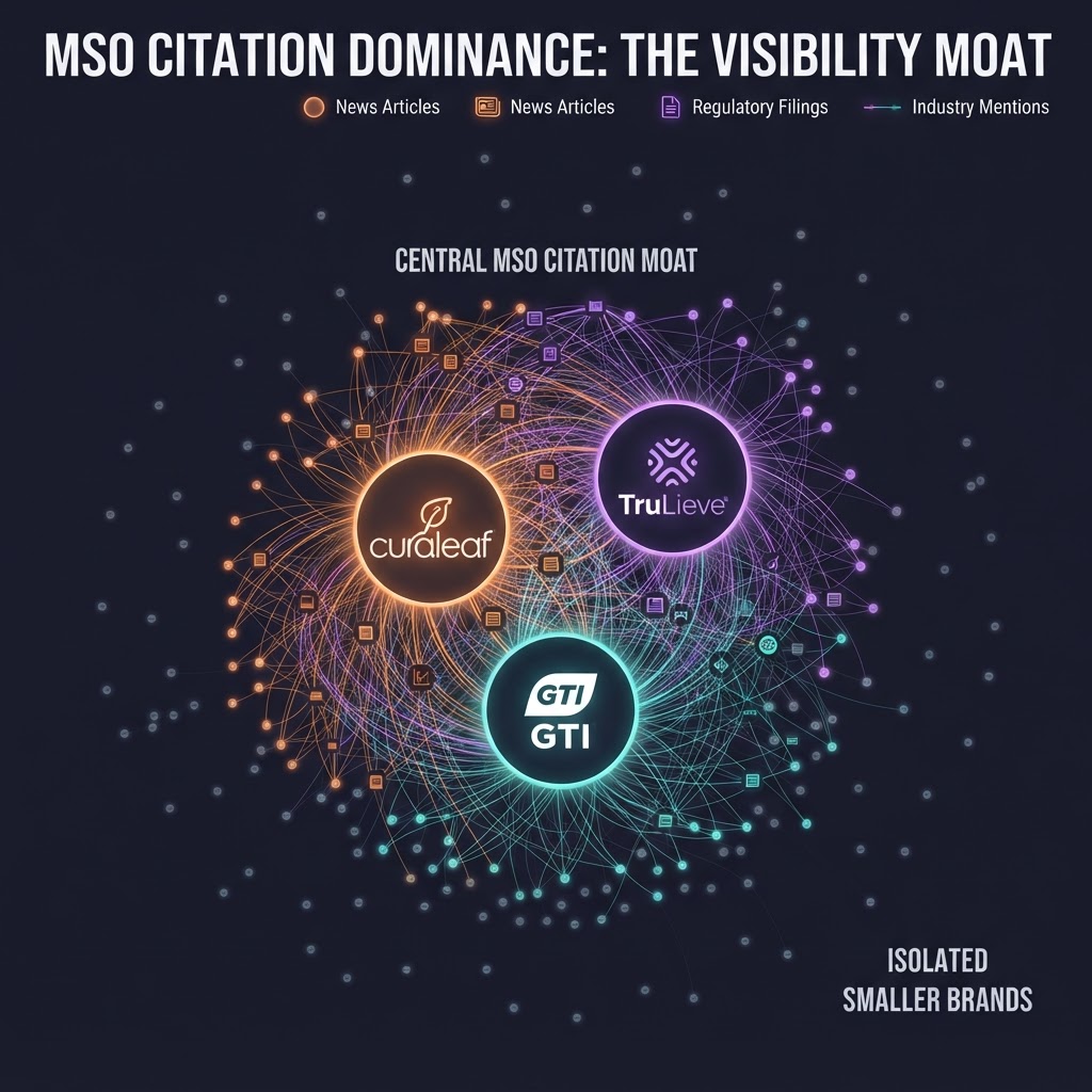 Citation dominance visualization showing three large MSO nodes with extensive connections, and hundreds of small brand nodes with few or no citations. Dark background with orange and teal accent nodes.