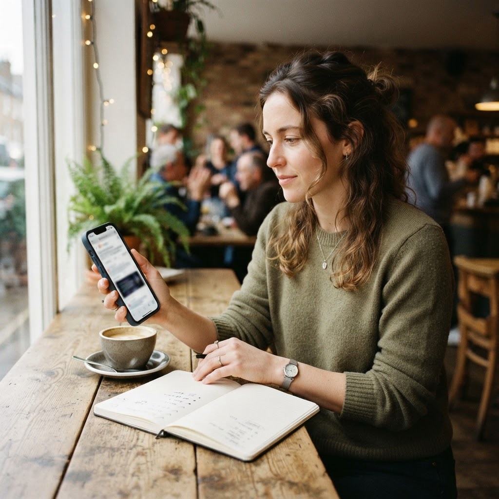 A marketer audits an abstract AI answer on a phone in a coffee shop, with a notebook beside it.