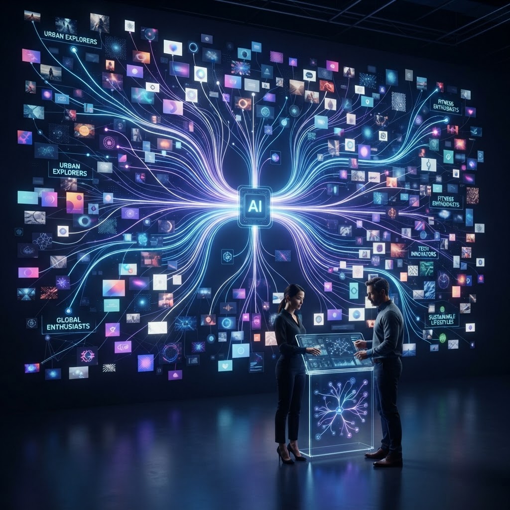 AI advertising branches into audience and creative paths in a dark studio.