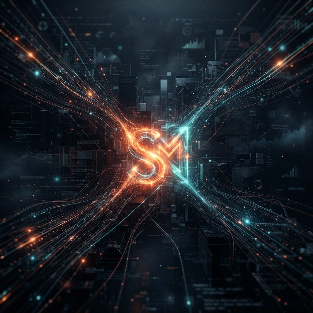 Glowing search pathways converging into a clear brand signal