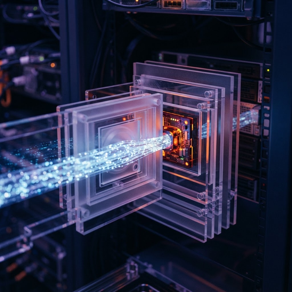 Glowing data pipeline moving through translucent panels into a signal node