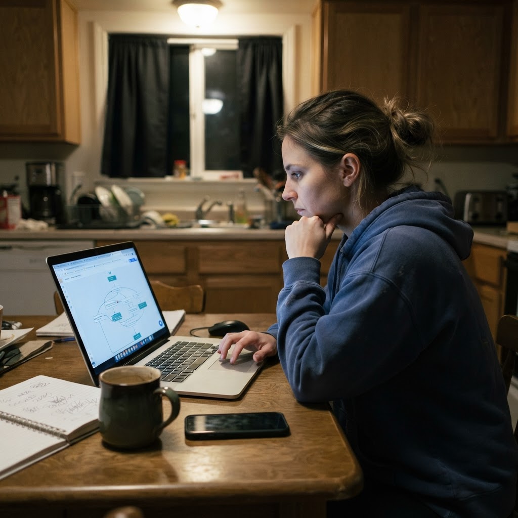A marketer reviewing an automation workflow at a kitchen table late in the evening