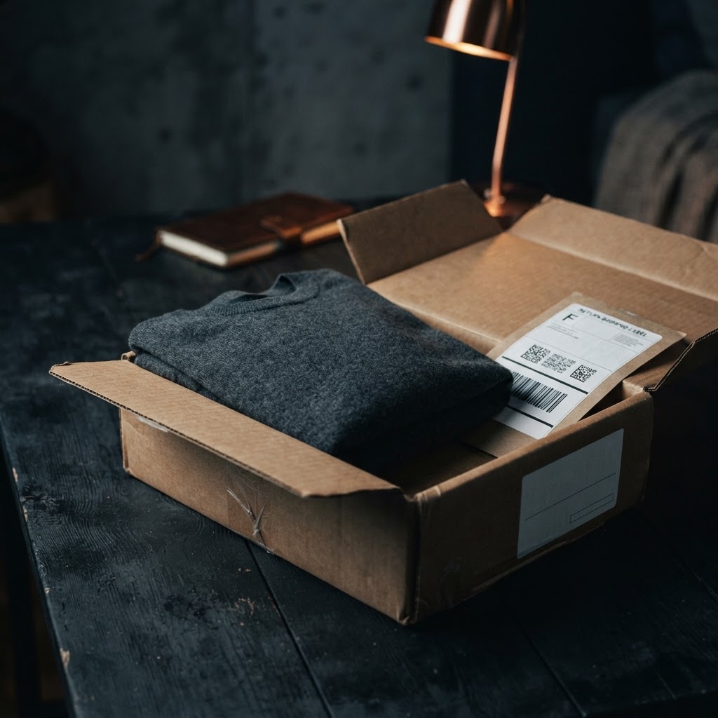 A neatly packed ecommerce order with a visible return label on a dark table