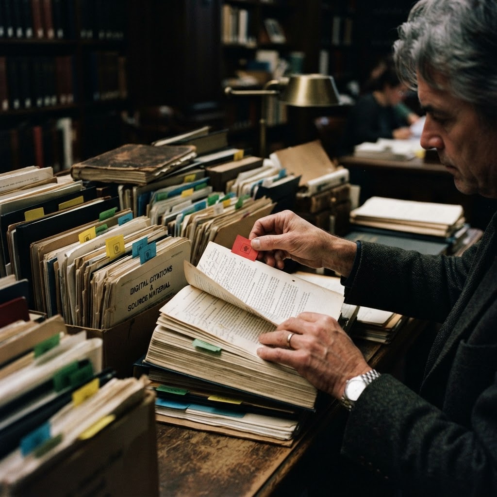 Visibility is easy to count. Authority is harder to earn. A researcher placing colored tabs into an archive of web sources and printed articles