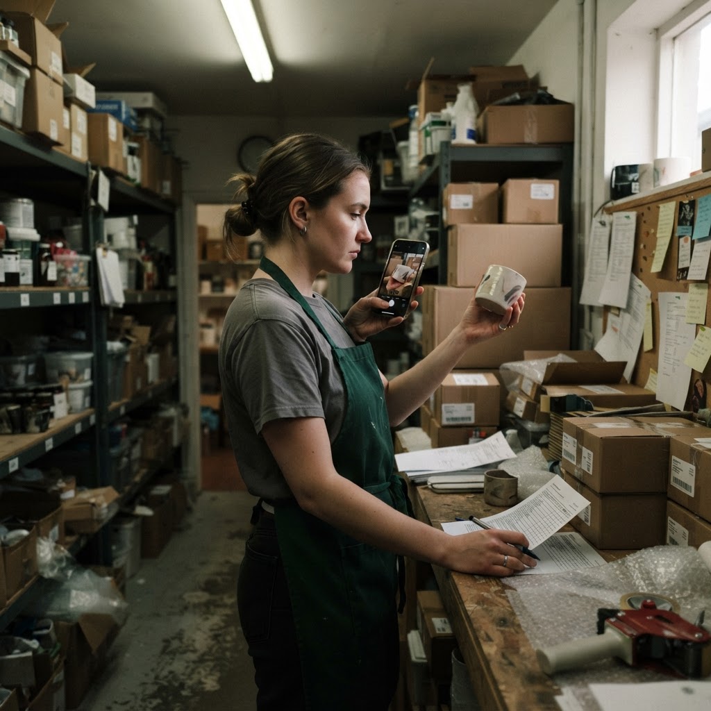 Employee taking a product photo and checking inventory on a phone in a retail back room