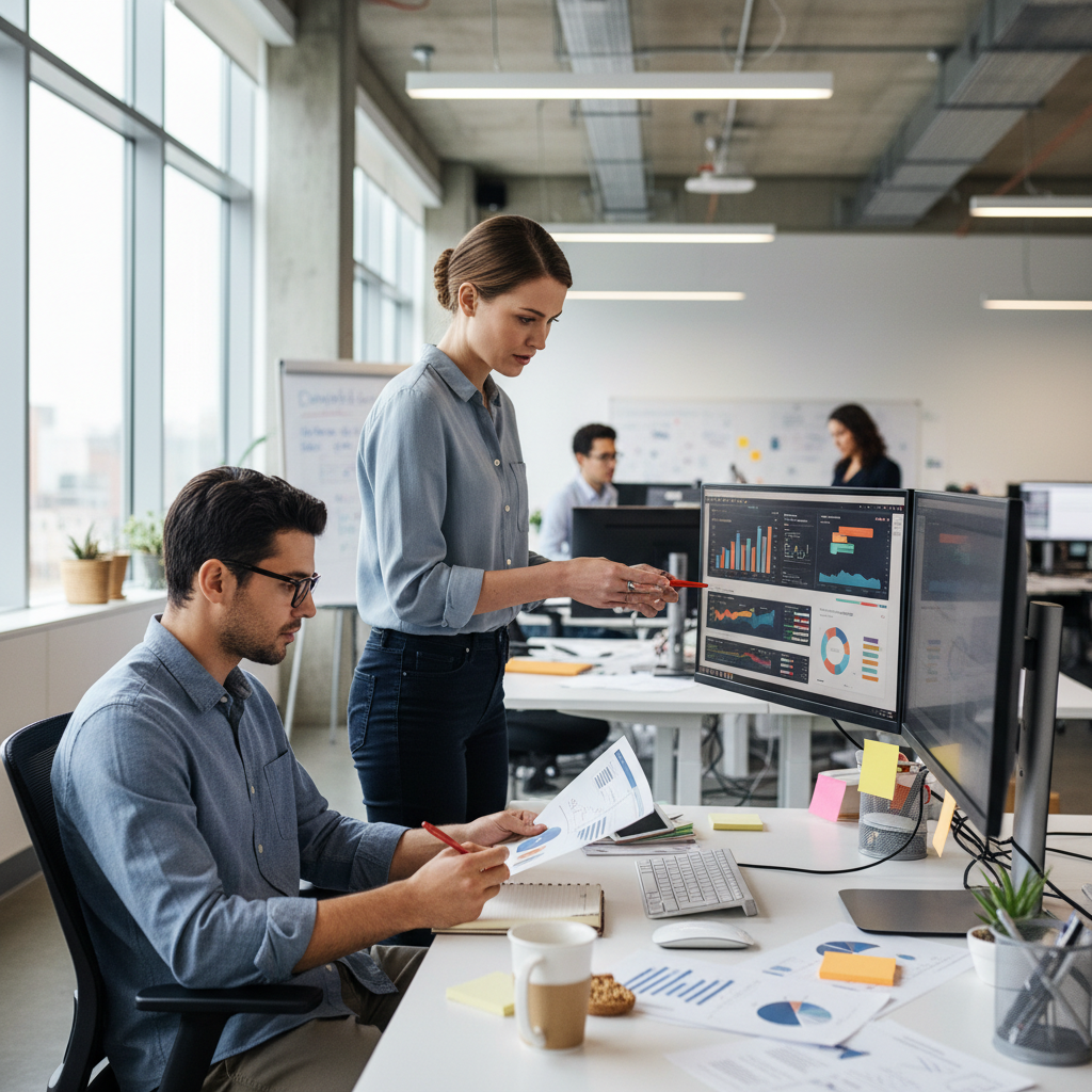 Lean two-person marketing team working with AI dashboards