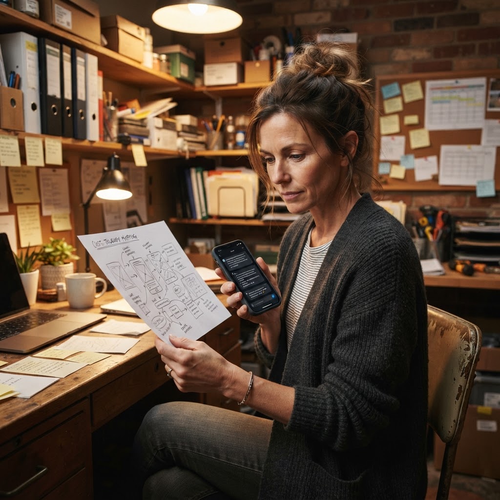 A small business owner comparing a customer journey sketch with an AI assistant answer on a phone