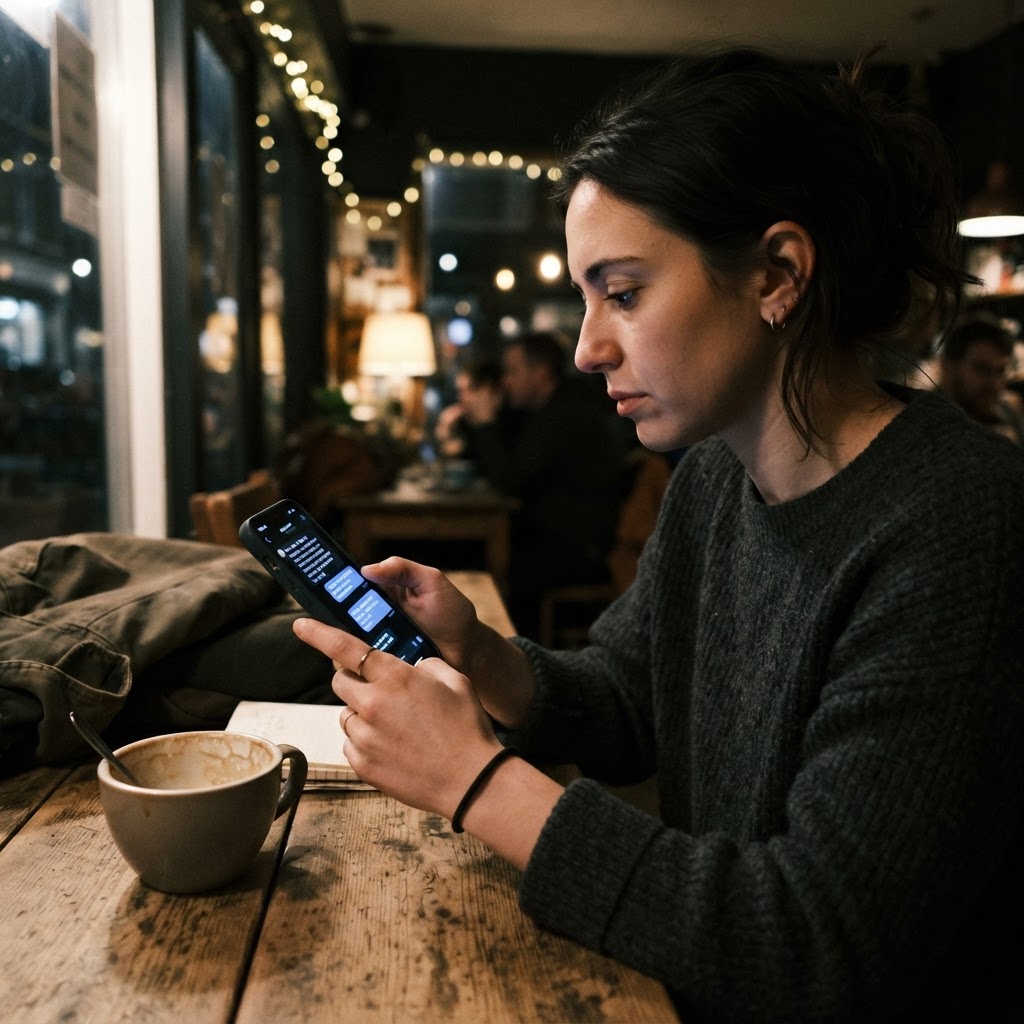 ChatGPT launched ads at $60 CPM. Weeks later, it was $25. By 2030, Emarketer projects $15. Person checking phone with chatbot in coffee shop