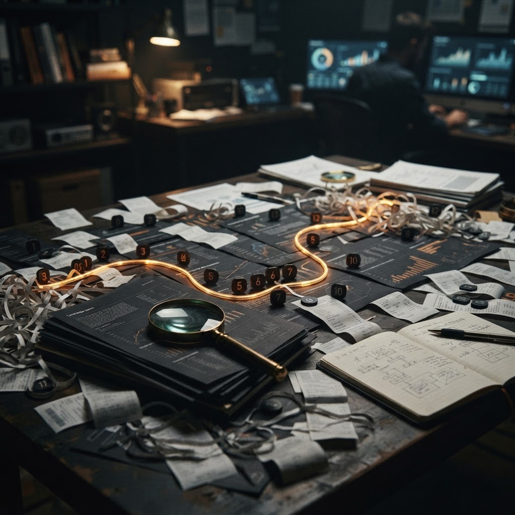 Attribution now looks less like a funnel and more like an evidence review. A physical evidence table with campaign reports, numbered tokens, and a magnifying glass tracing one path through tangled receipts