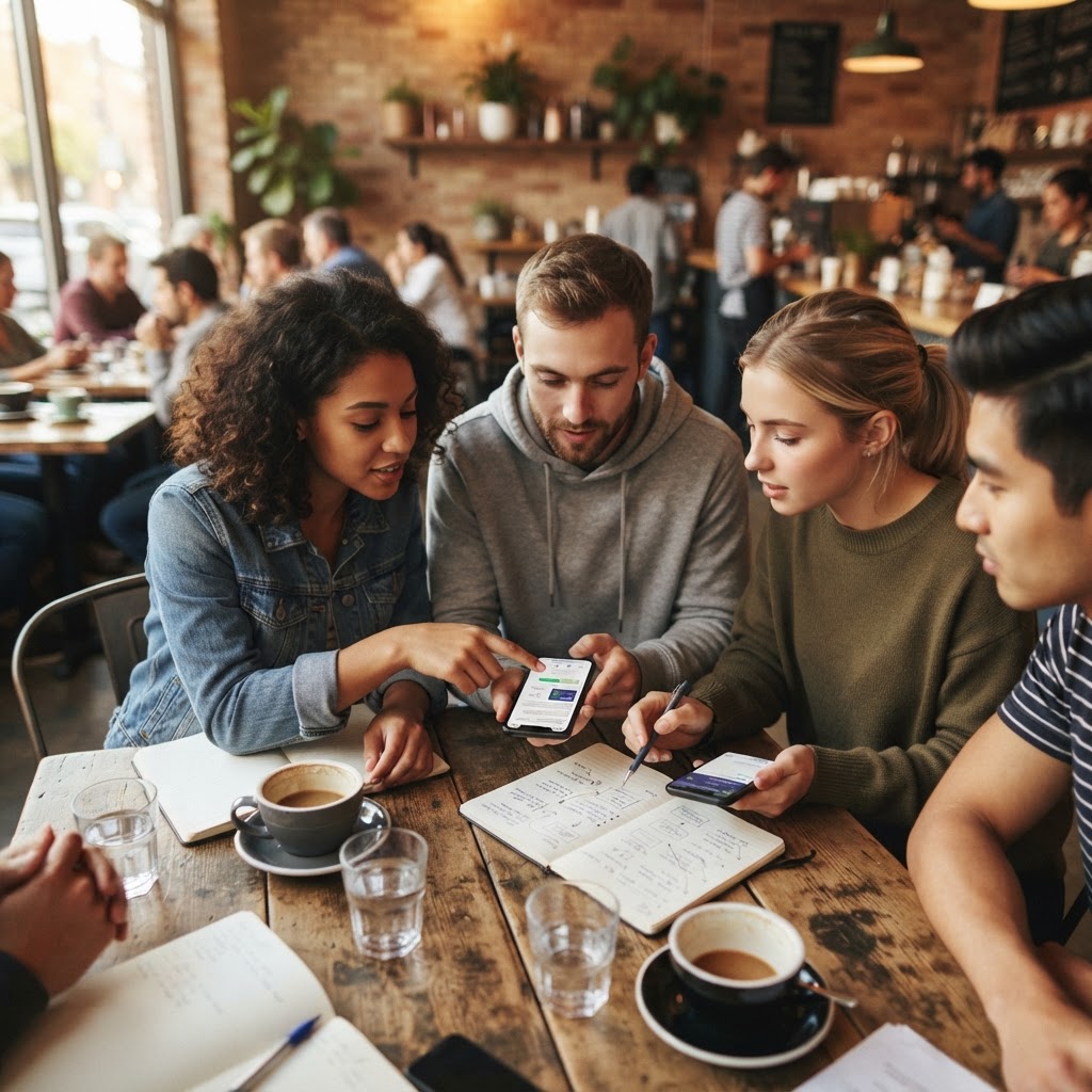 A small marketing team in a coffee shop comparing AI-generated answers on two phones and a notebook