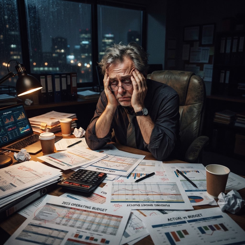 The reality of AI budgets: costs stack faster than anyone predicted. CFO surrounded by budget chaos, cost spreadsheets, frustrated with AI implementation costs